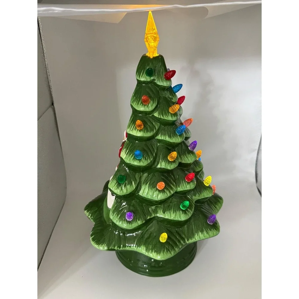 Vtg Mr Christmas ceramic Lighted Christmas Tree with Santa Chimney‎ Scene Green